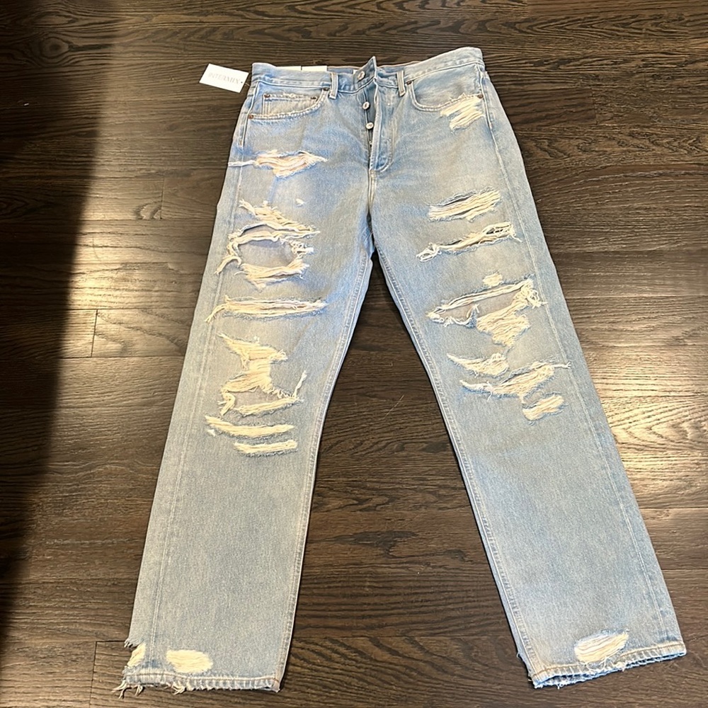 AGOLDE MID RISE LOOSE FITTING RIPPED JEANS